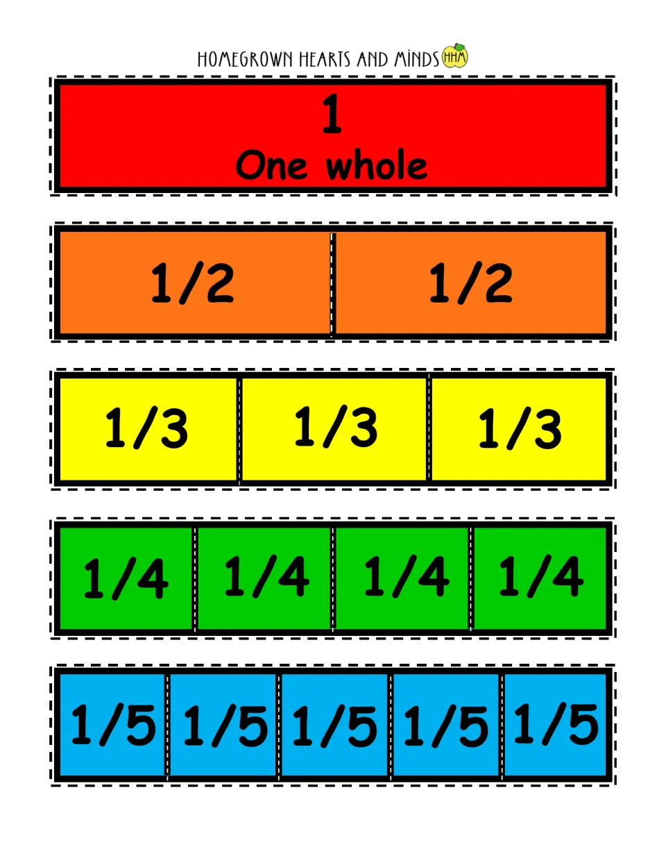 Color fraction bars: red one whole, orange halves, yellow thirds, green fourths and blue fifths ready to cut out