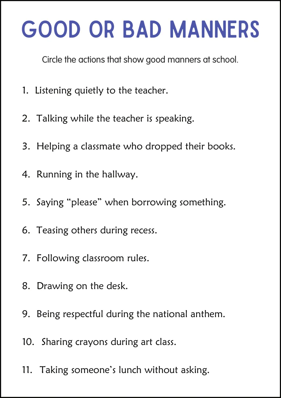 Manners at school: students circle the good actions among 11, like listening quietly or running in the hallway