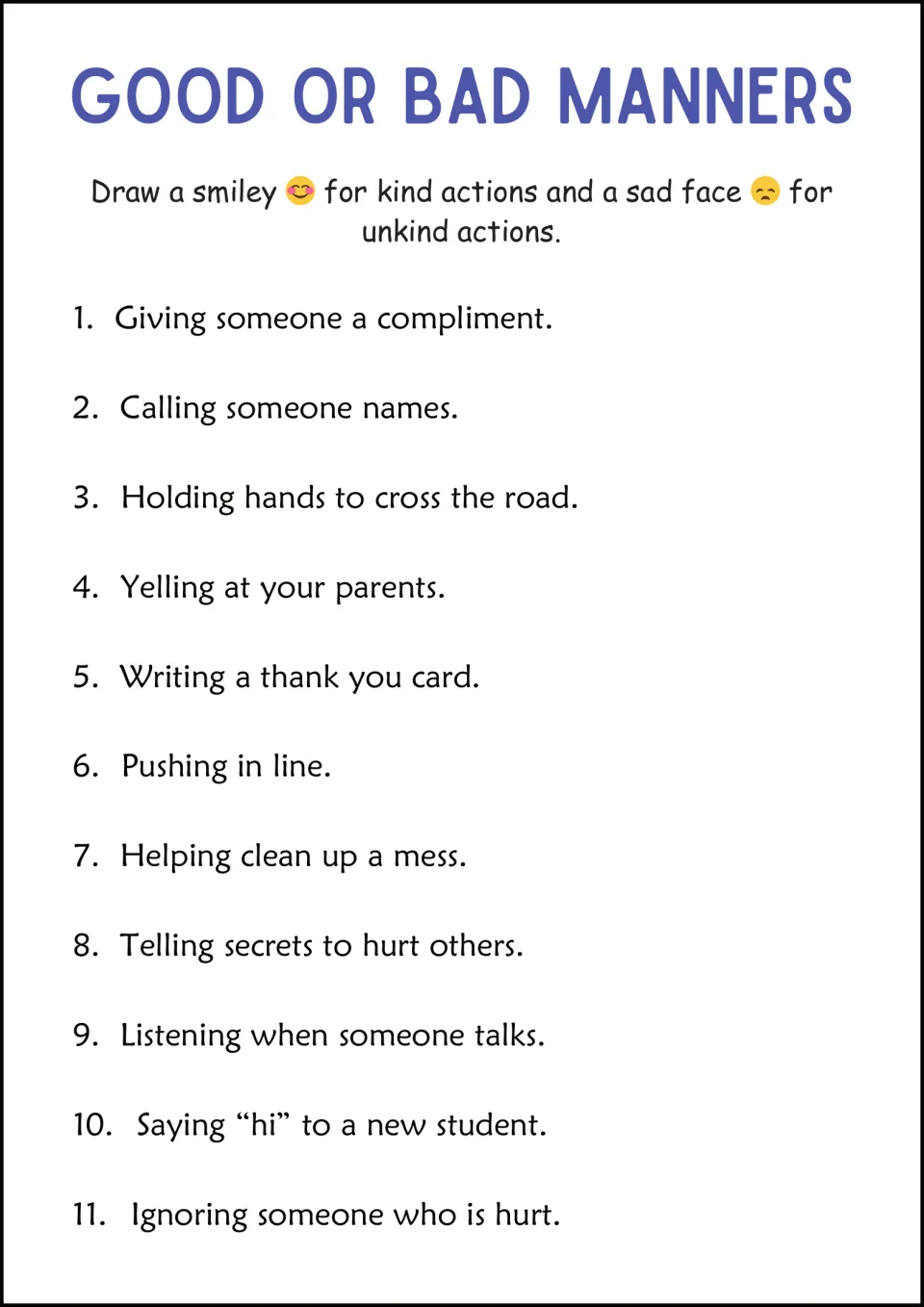 Kind and unkind actions: students draw a smiley or sad face next to 11 actions, such as giving a compliment or calling names