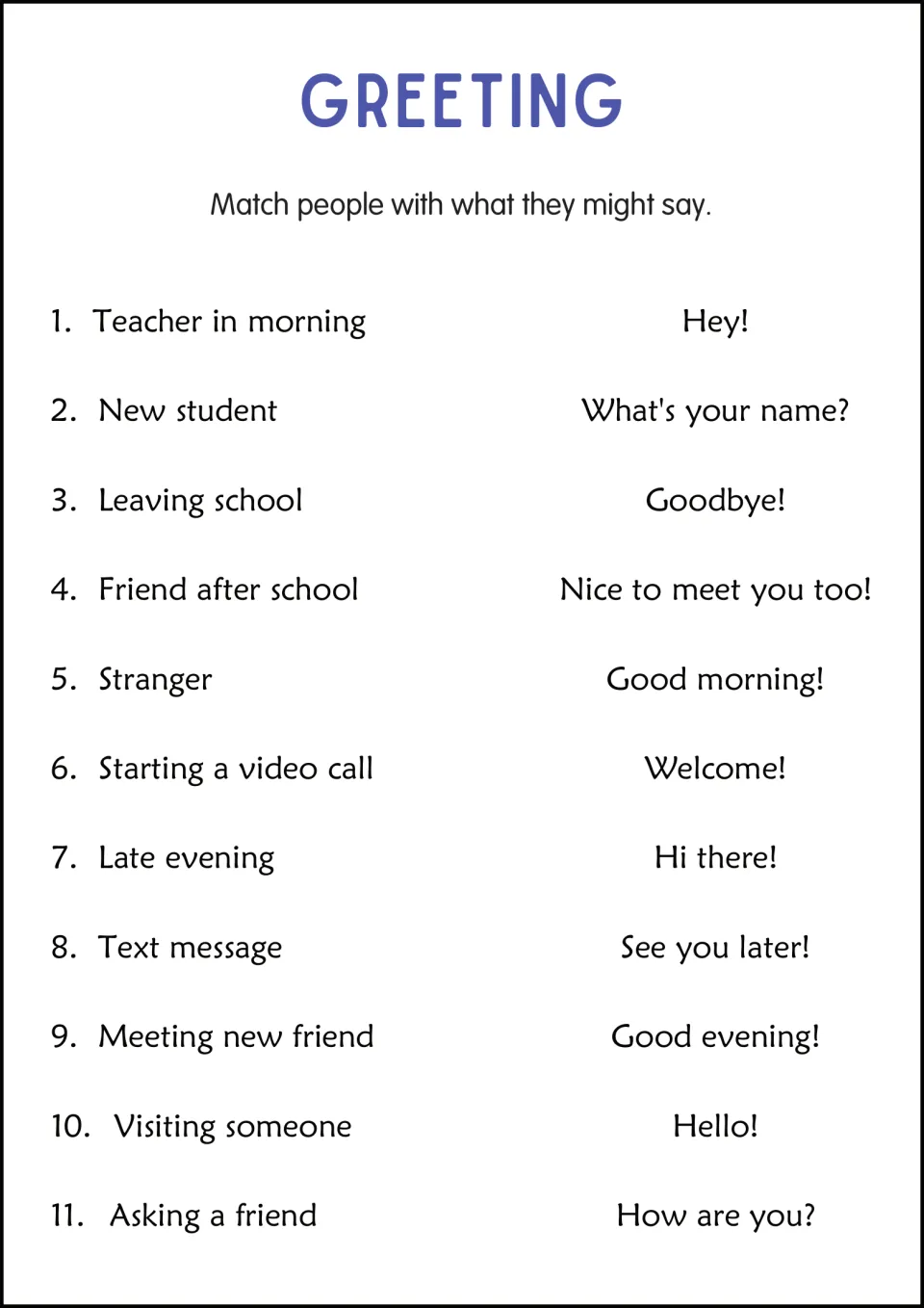 Greetings by situation: students match 11 speakers, such as a new student or a video call, with what each might say