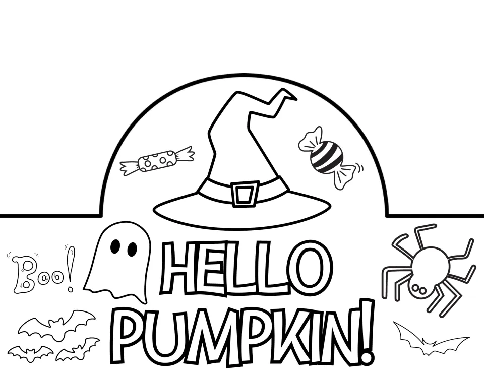 Hello Pumpkin! crown to color and cut out, with a witch hat, wrapped candies, a ghost, Boo!, bats and a spider