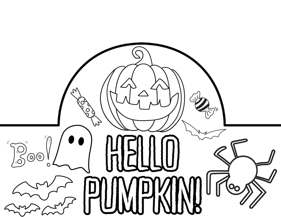 Hello Pumpkin! coloring crown with a grinning jack-o'-lantern at the top, plus candy, a ghost, Boo!, bats and a spider