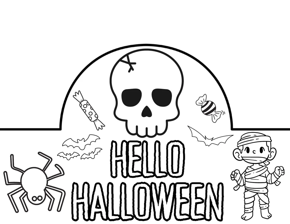 Hello Halloween crown to color and cut out: a skull with candy and bats at the top, a spider and a mummy child below