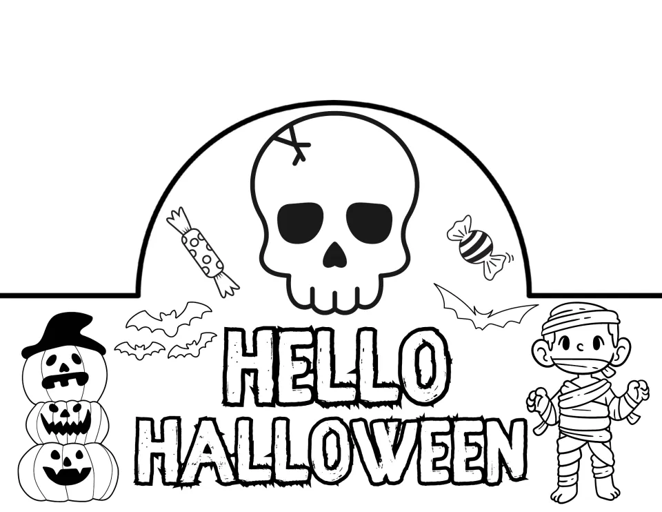 Hello Halloween crown in rough lettering: students color a skull, candy, bats, a stack of jack-o'-lanterns and a mummy