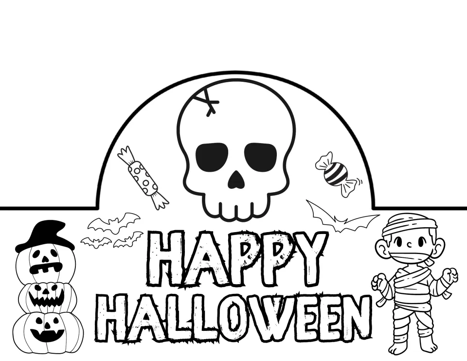 Happy Halloween crown to color and cut out, with a skull, candy and bats, stacked jack-o'-lanterns and a mummy child