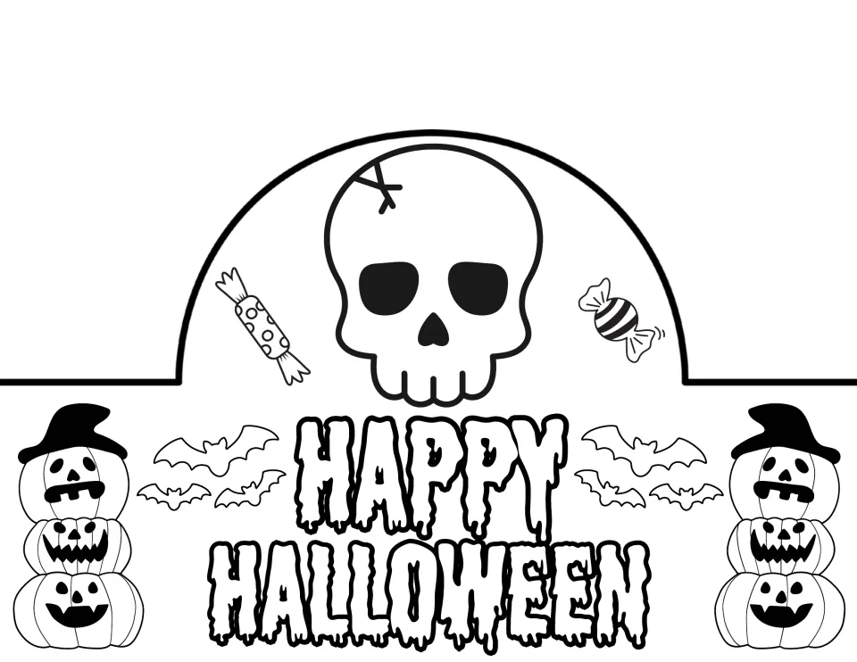 Happy Halloween crown in dripping letters: students color a skull, candies, bats and two stacks of jack-o'-lanterns
