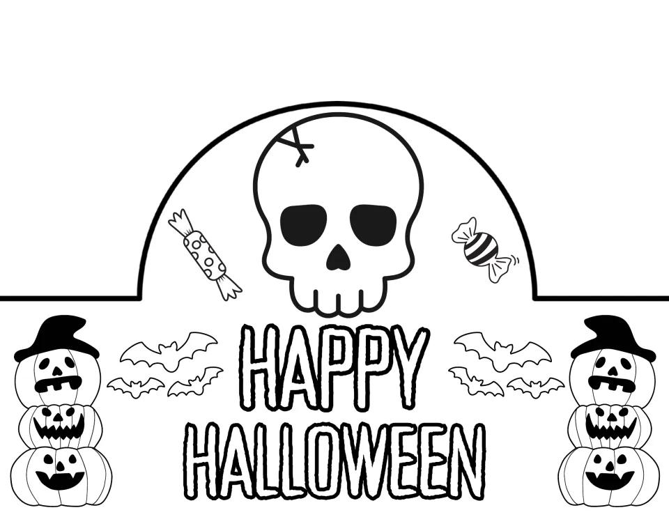 Happy Halloween crown in outlined letters with a skull, candies, bat groups and a stack of jack-o'-lanterns on each side