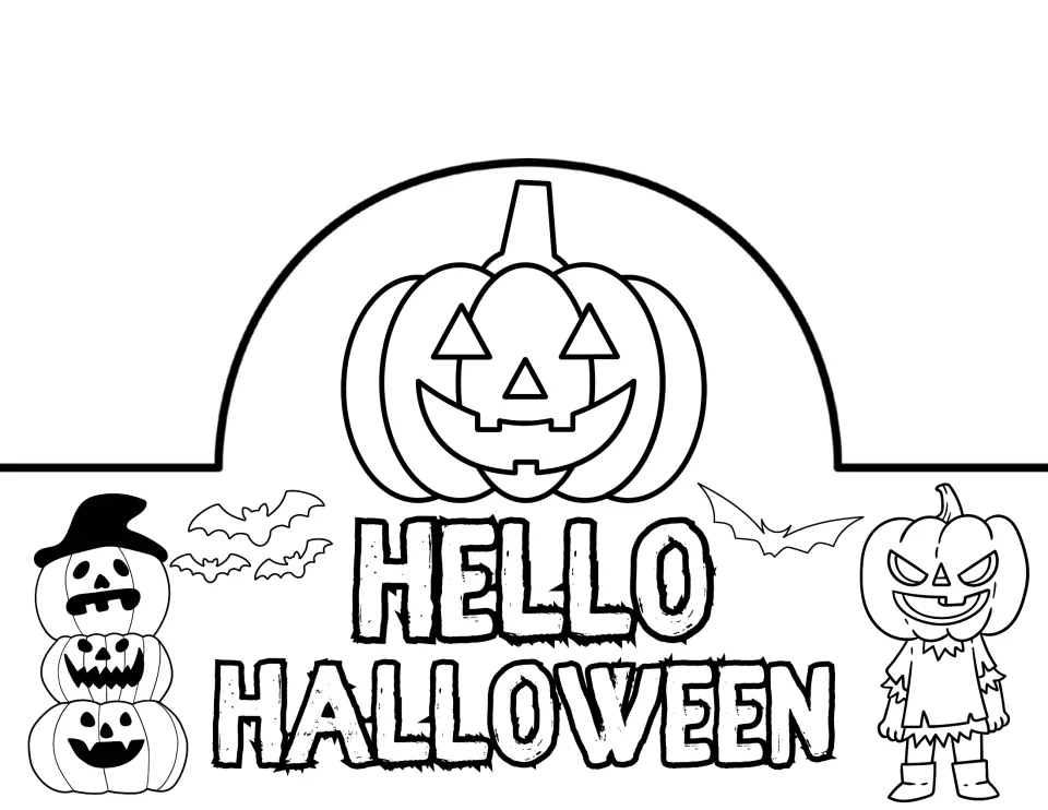 Hello Halloween crown with a large jack-o'-lantern, bats, stacked pumpkins and a pumpkin-head scarecrow to color and cut