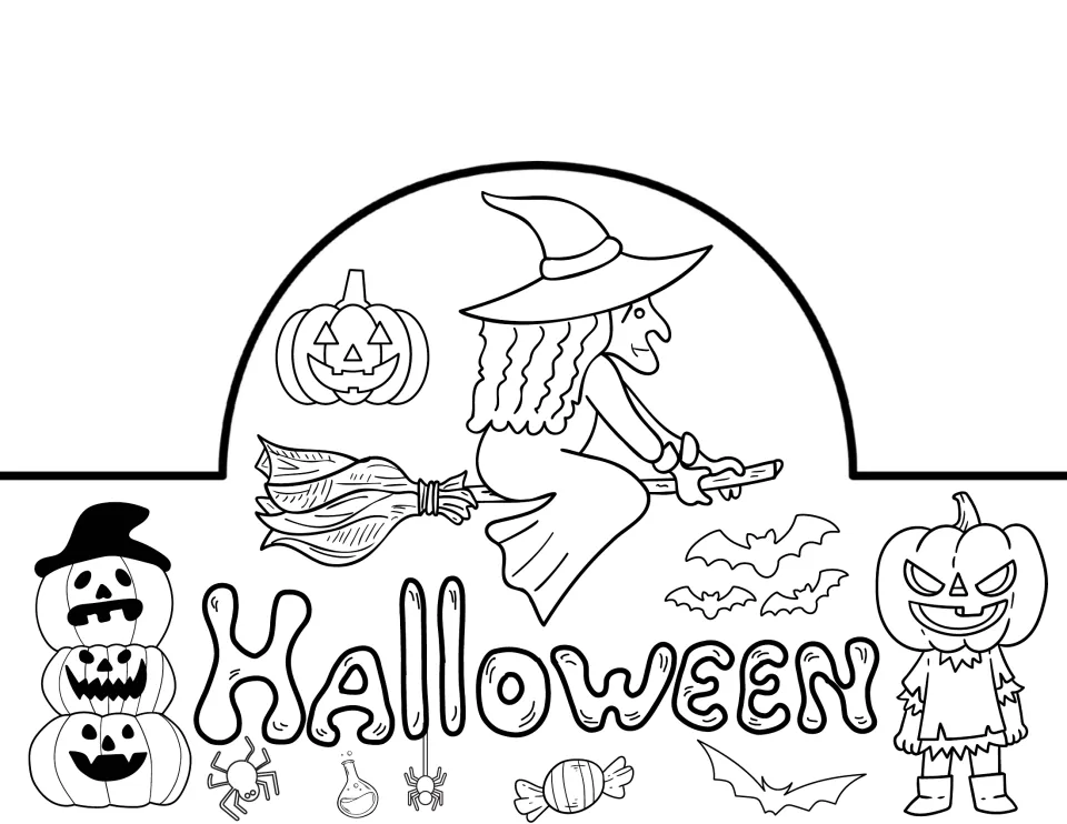 Halloween crown showing a witch flying on a broomstick, with pumpkins, bats, spiders, a potion bottle and candy to color