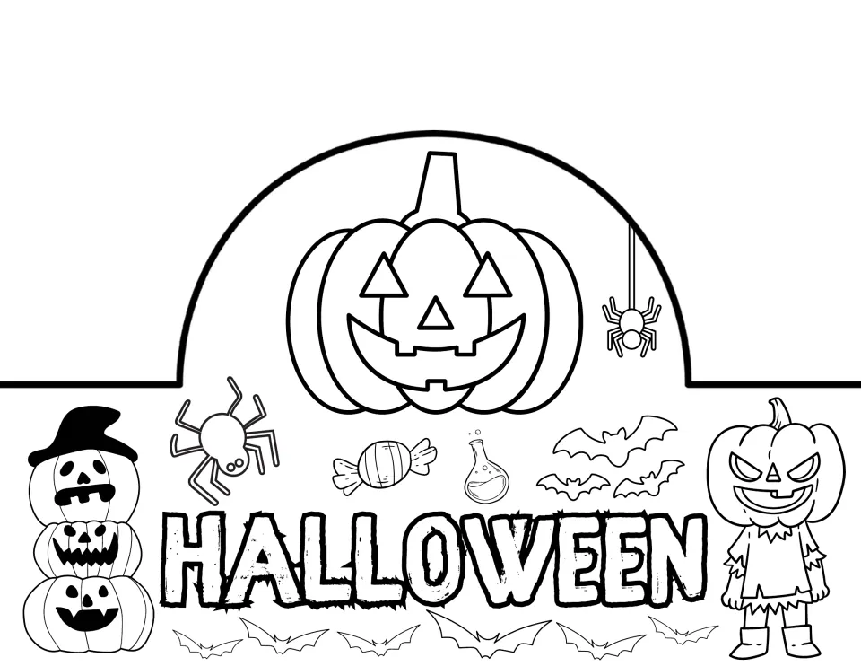 Halloween crown with a big jack-o'-lantern, a hanging spider, potion bottle, candy, bats and a pumpkin-head scarecrow