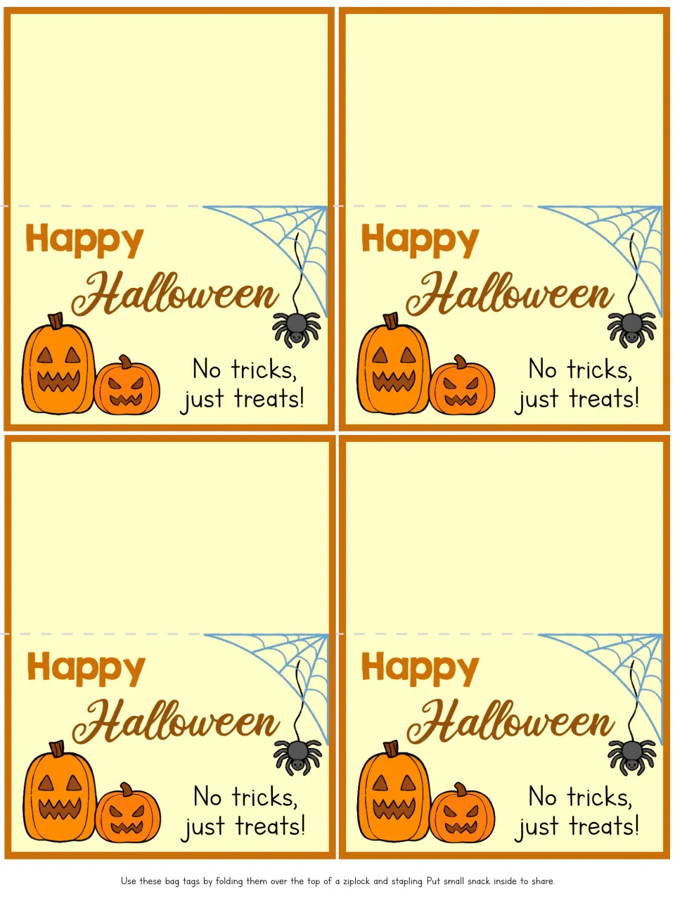 Halloween treat bag tags: four fold-over tags reading Happy Halloween, No tricks, just treats! with jack-o'-lanterns