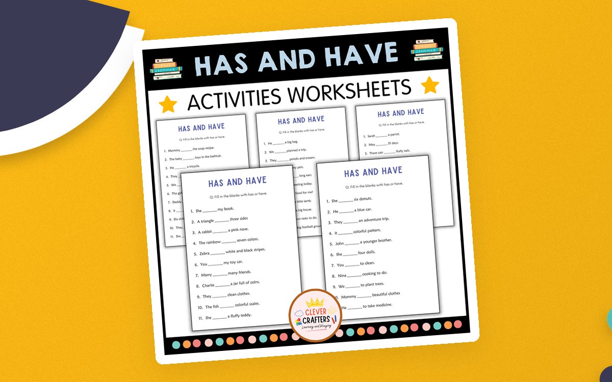 Has and Have Activities Worksheets cover showing five sentence-completion worksheet previews beneath a black title banner