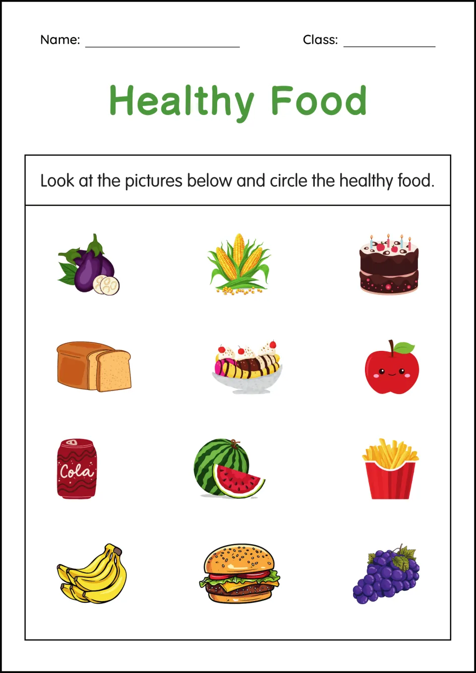 Healthy food picture hunt: students circle healthy choices among 12 foods like eggplant, apple, cola, fries and grapes