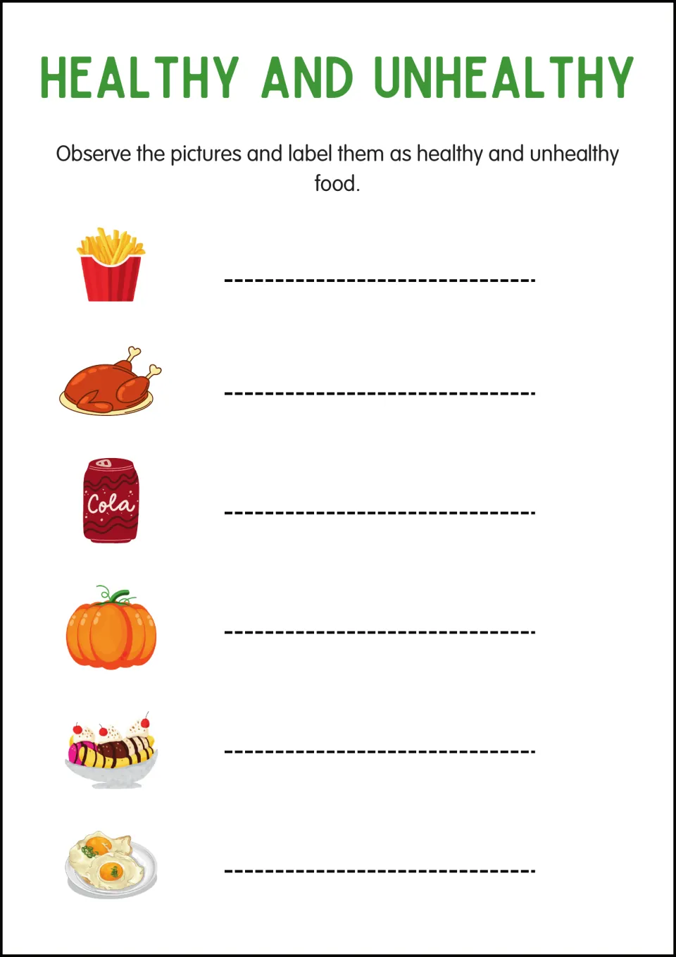 Labeling set two: fries, roast chicken, cola, pumpkin, banana split and fried eggs each get a written food label