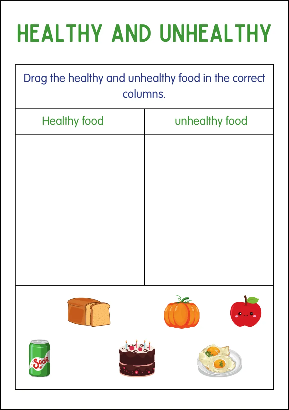 Second drag sort with bread, pumpkin, apple, soda, birthday cake and fried eggs to place in the matching group