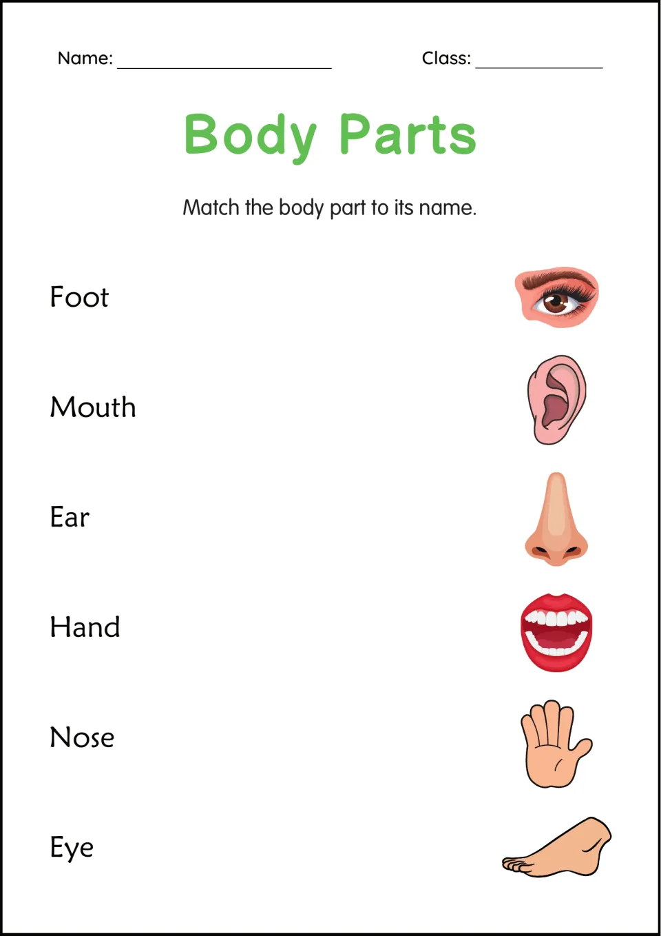 Body parts matching: students match the words foot, mouth, ear, hand, nose and eye to pictures of each body part
