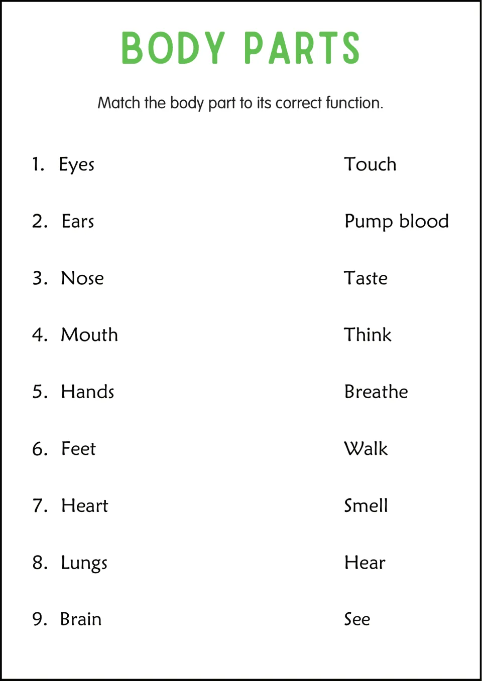 Body part functions: students match nine parts, from eyes and ears to heart, lungs and brain, to jobs like see or breathe