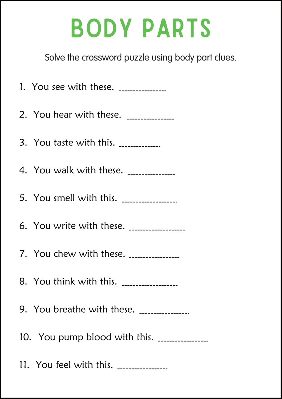 Body part clues: students read 11 clues such as 'You see with these' and 'You pump blood with this' and write the part