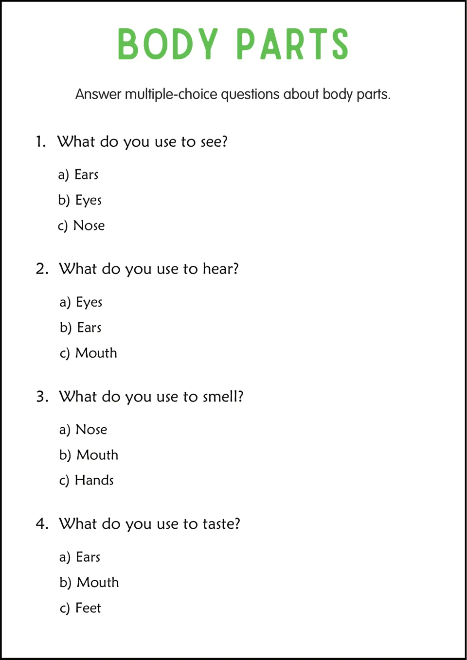 Body parts quiz: four multiple-choice questions ask which part you use to see, hear, smell and taste, with three options