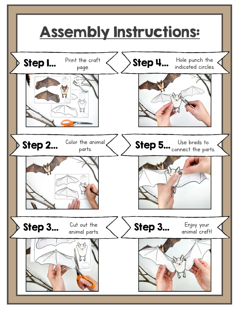 Bat craft assembly steps with photos: print, color, cut out, hole punch the circles, join the parts with brads
