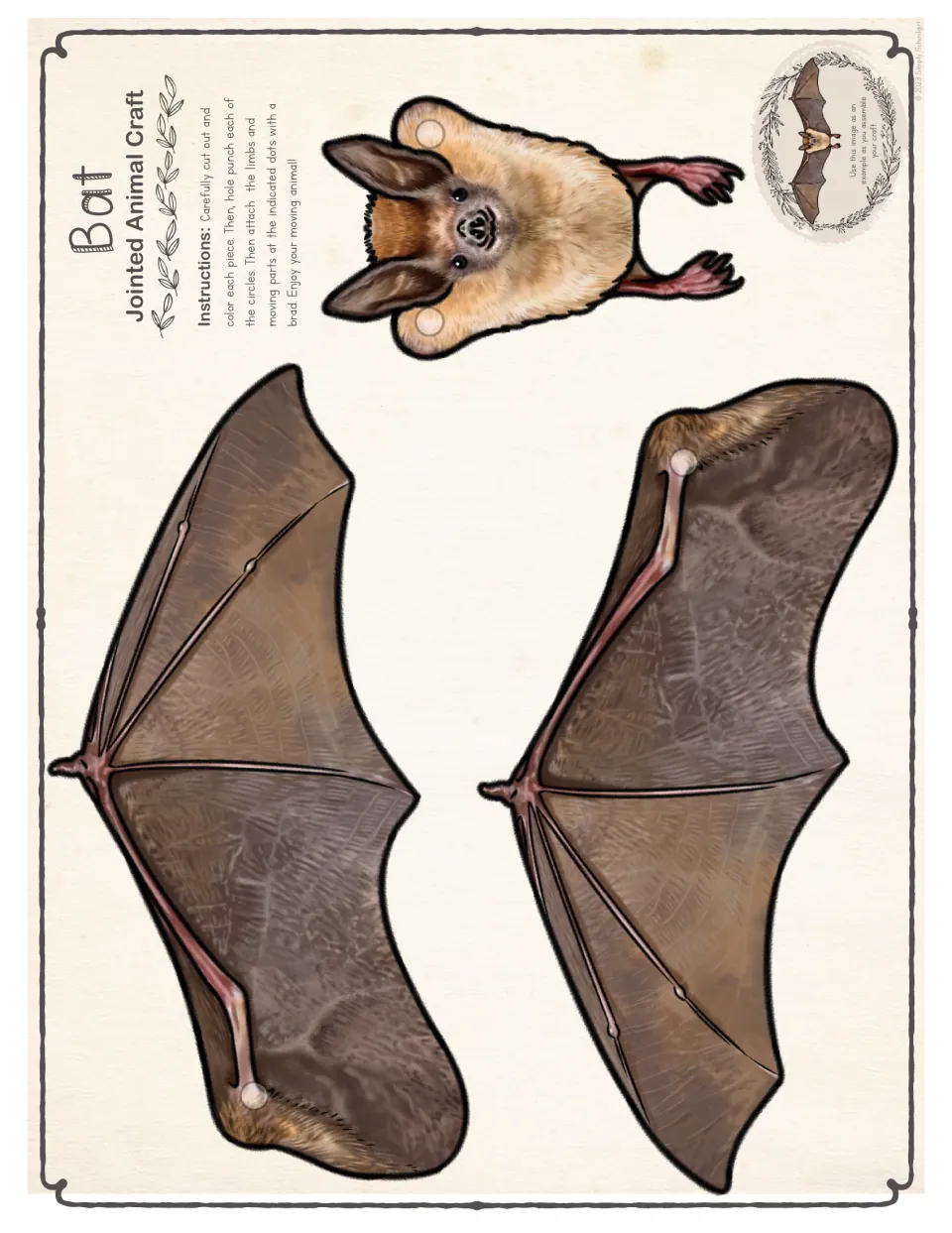 Full-color bat cut-out pieces: body with feet and two wings to cut out, hole punch at the dots and join with brads