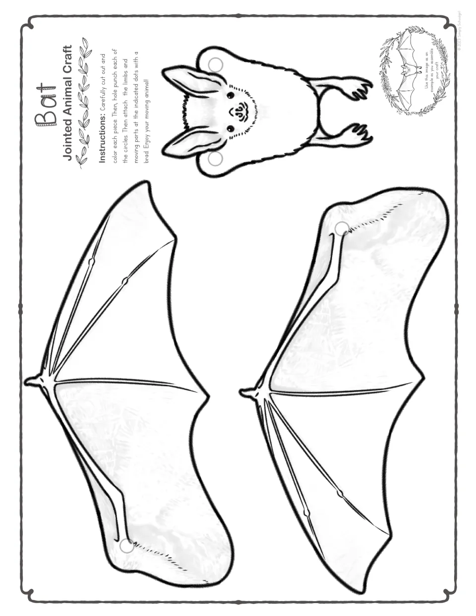 Black-and-white bat cut-out pieces for students to color: body with feet and two wings with punch dots for brad joints