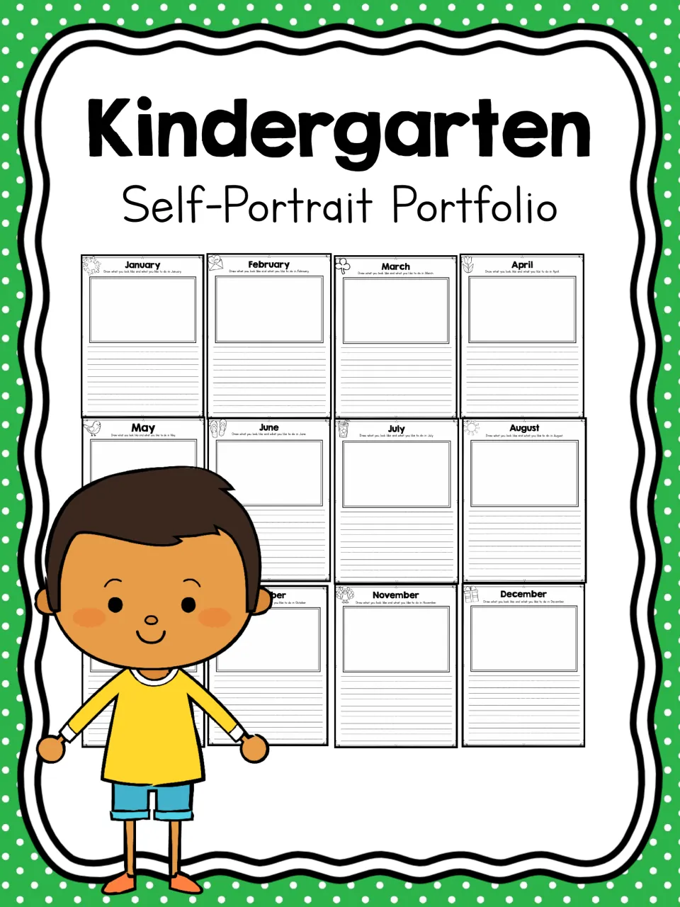 Kindergarten Self-Portrait Portfolio cover previewing January to December draw-and-write pages beside a smiling boy