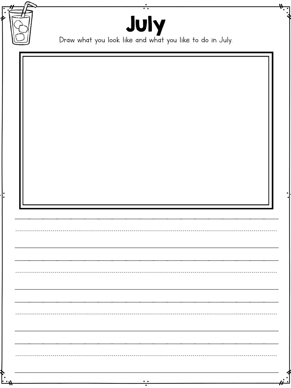 July self-portrait with an iced drink: students draw how they look and a July activity they enjoy, then write a sentence