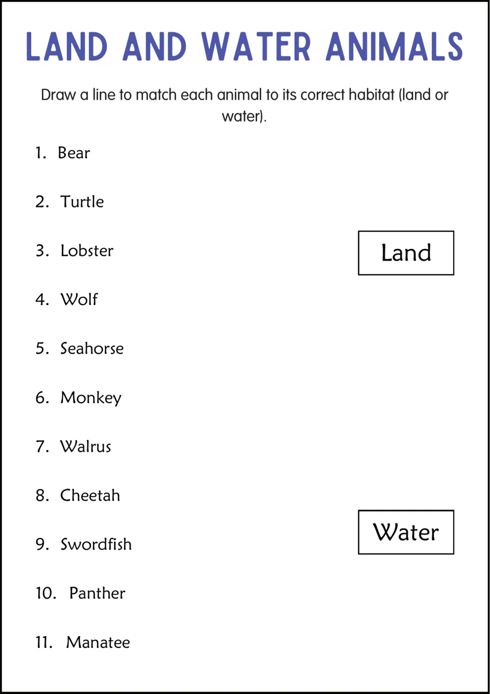 Animal habitat matching: students draw lines from 11 animals, like bear, lobster and manatee, to the Land or Water label