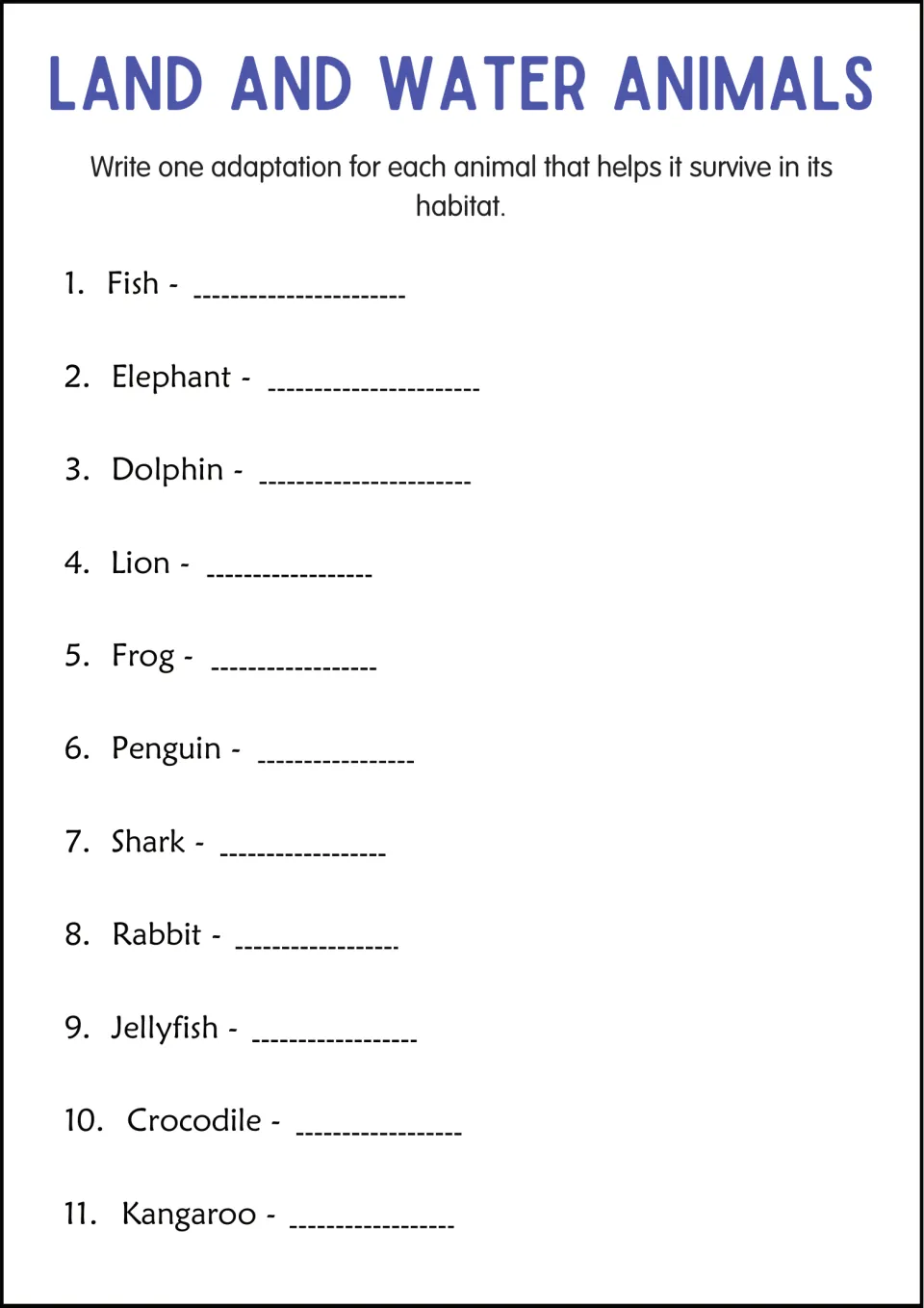 Animal adaptations: students write one adaptation that helps each of 11 animals, from fish to kangaroo, survive its habitat