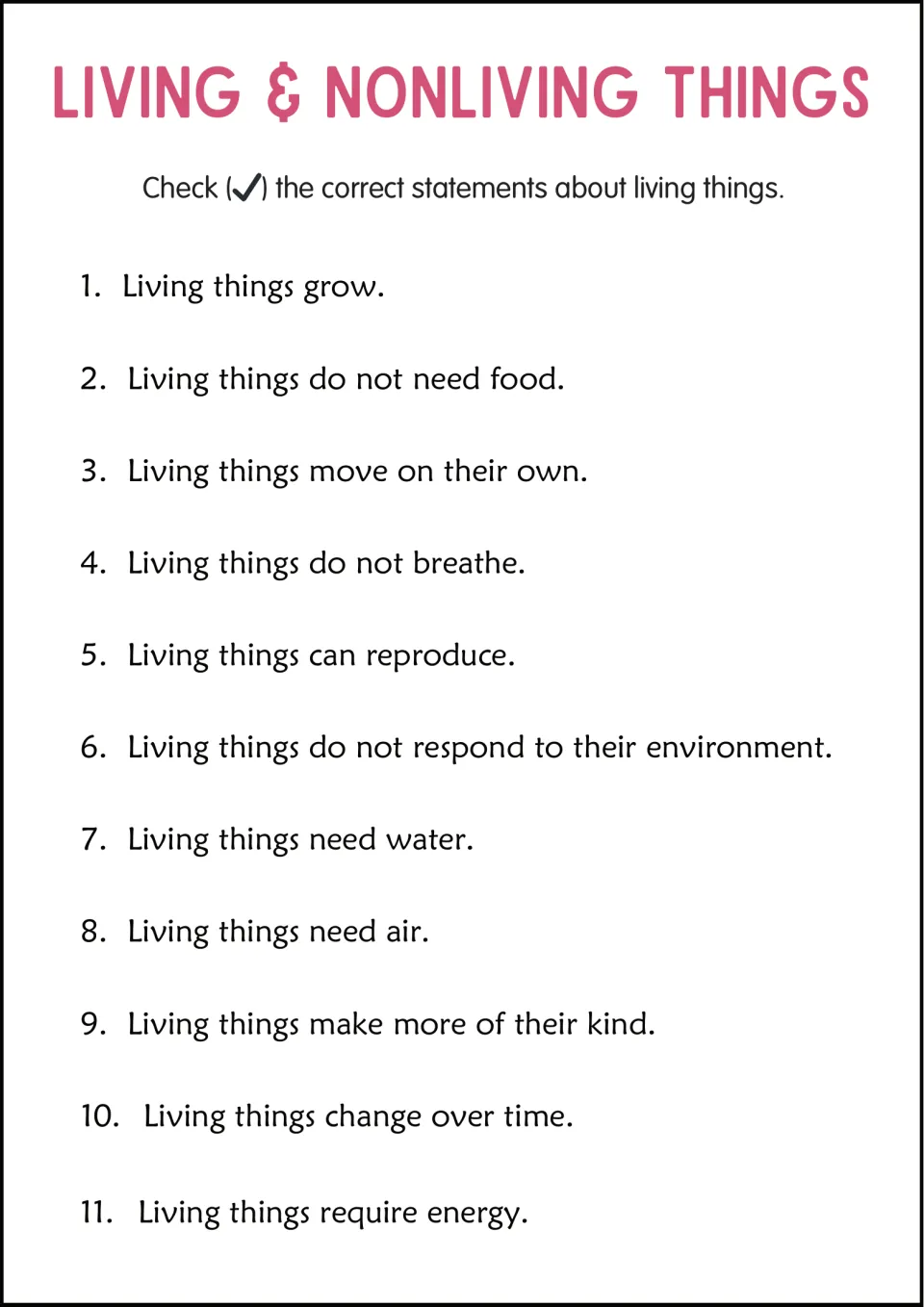 Traits of living things: students check the true statements among 11, such as living things grow and need water