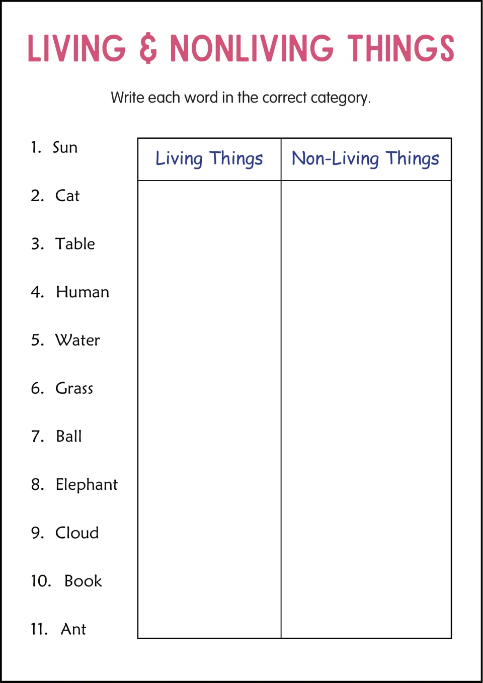 Living and nonliving sort: students write 11 words, such as sun, cat, table and ant, under Living or Non-Living Things