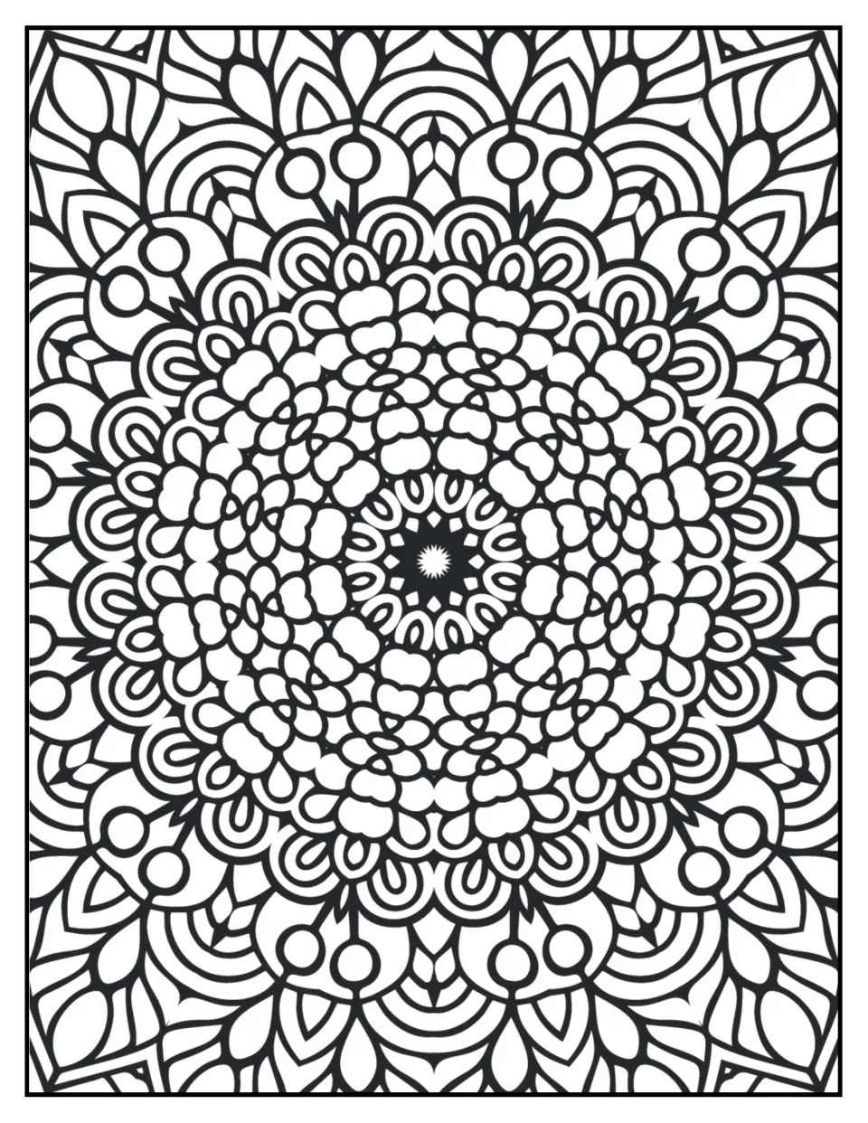 Mandala coloring sheet 1 for mindfulness: a small starburst center surrounded by clustered petals and loops