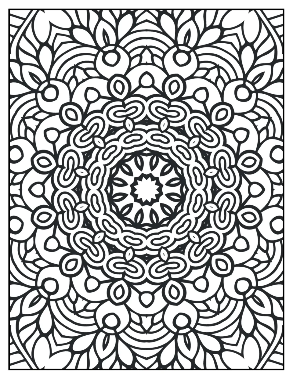Mandala coloring sheet 2 for mindfulness: a pointed center surrounded by leaf shapes and interlocking loops