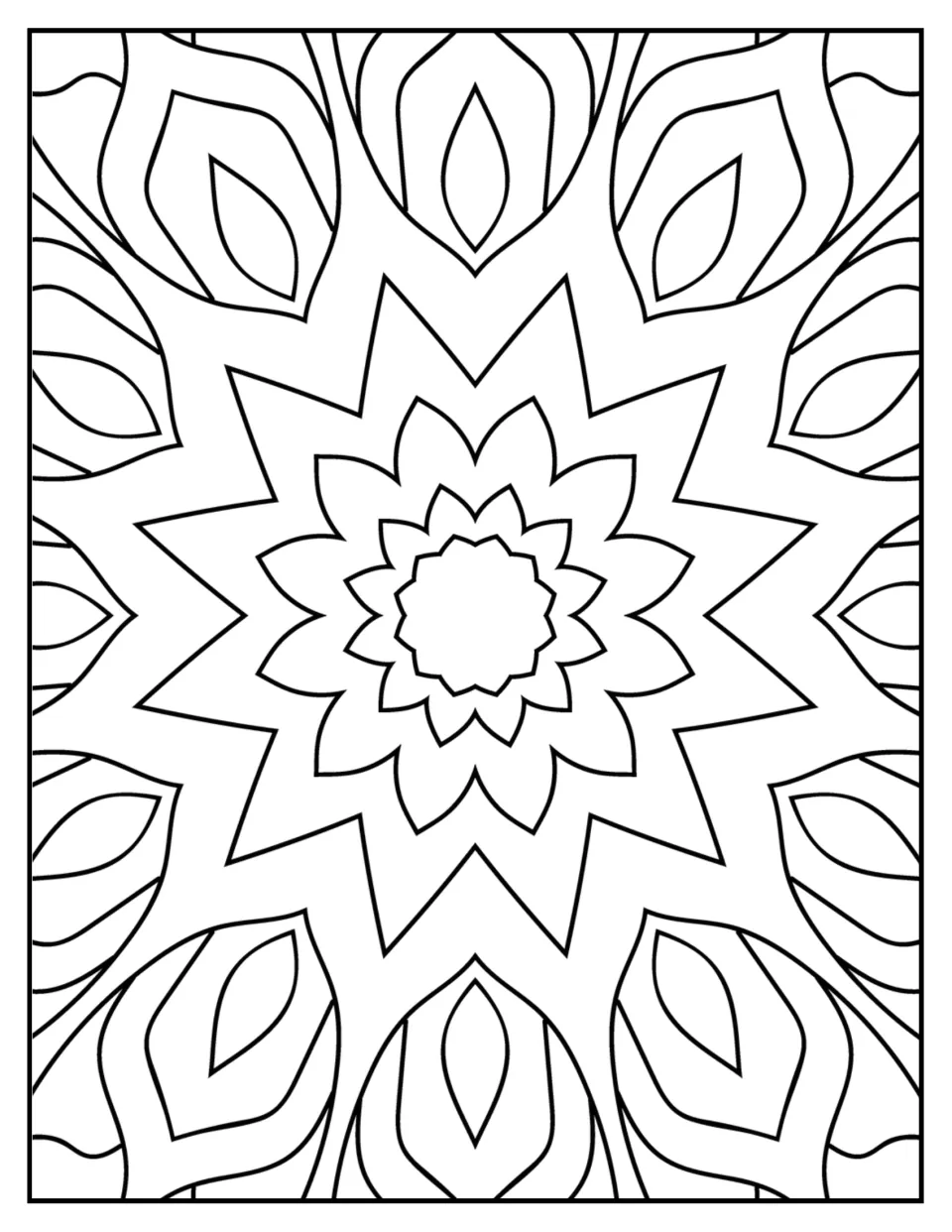 Mandala coloring sheet 3 for mindfulness: nested flower petals inside a large starburst with leaf motifs