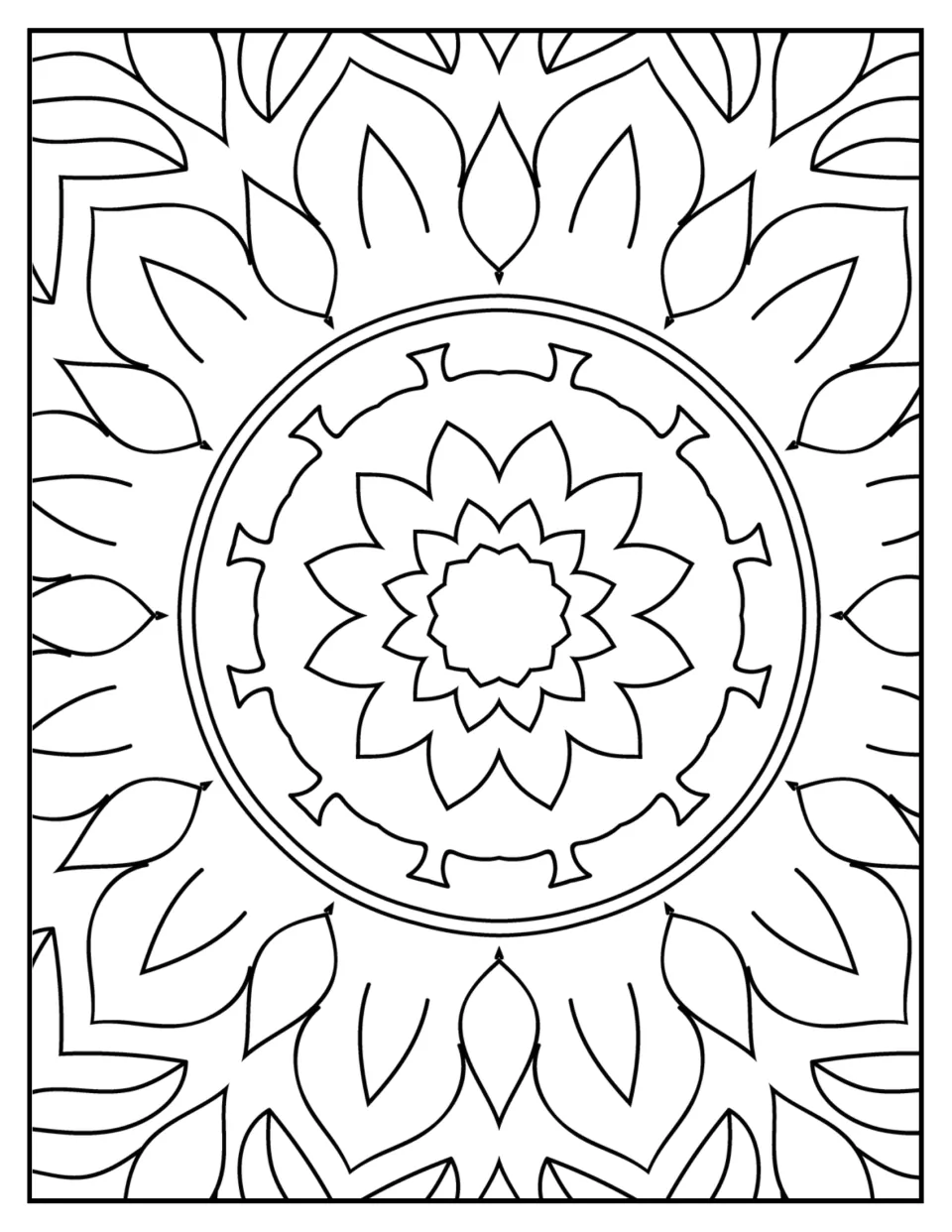 Mandala coloring sheet 4 for mindfulness: a layered flower inside a circle surrounded by pointed leaves