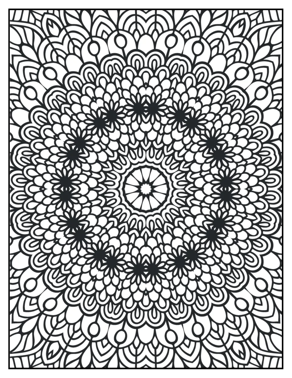 Mandala coloring sheet 5 for mindfulness: a radial center surrounded by small flowers and dense petal rings