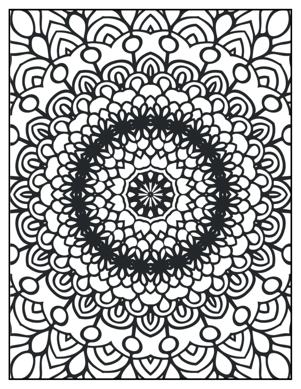 Mandala coloring sheet 6 for mindfulness: a sharp starburst center, dark flower centers, and rounded petals