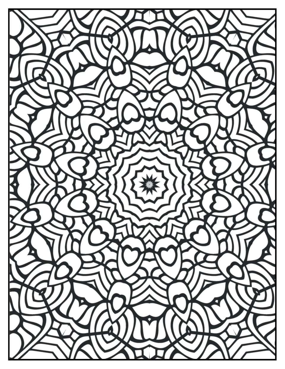 Mandala coloring sheet 7 for mindfulness: nested pointed rings surrounded by heart-filled teardrop shapes