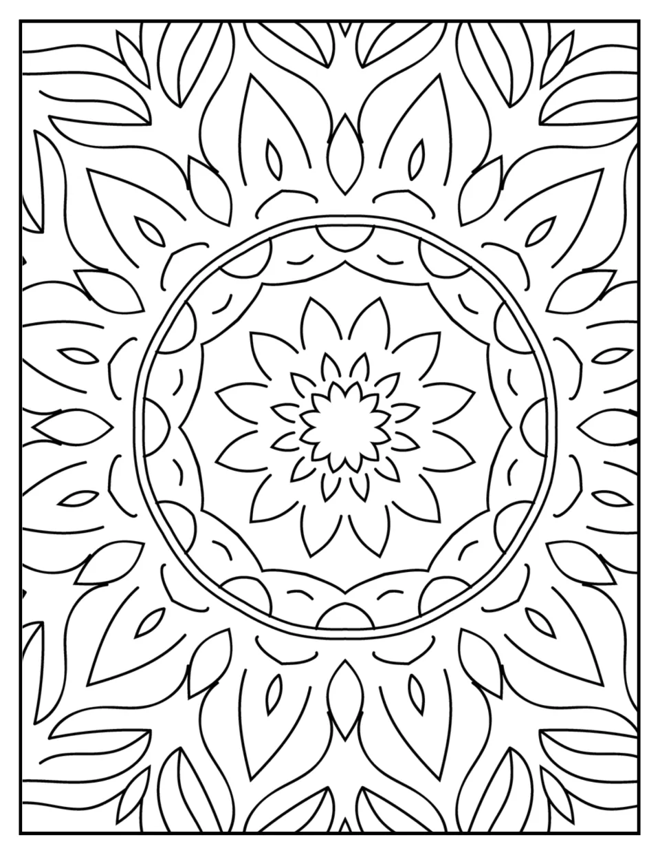 Mandala coloring sheet 8 for mindfulness: a flower center, scalloped circular motif, and pointed outer leaves