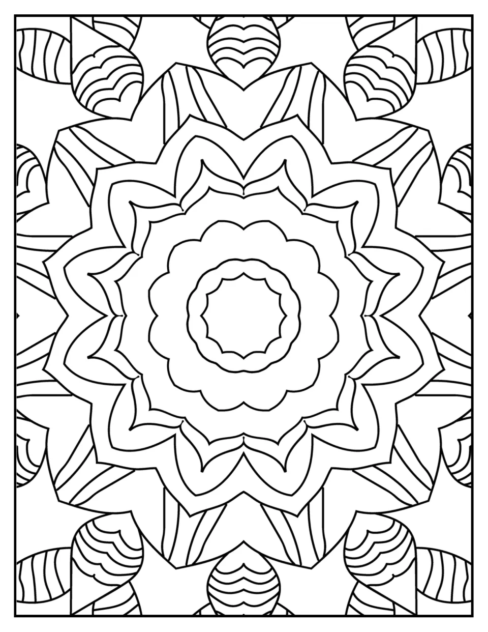 Mandala coloring sheet 9 for mindfulness: a scalloped flower center, broad petals, and striped outer leaves