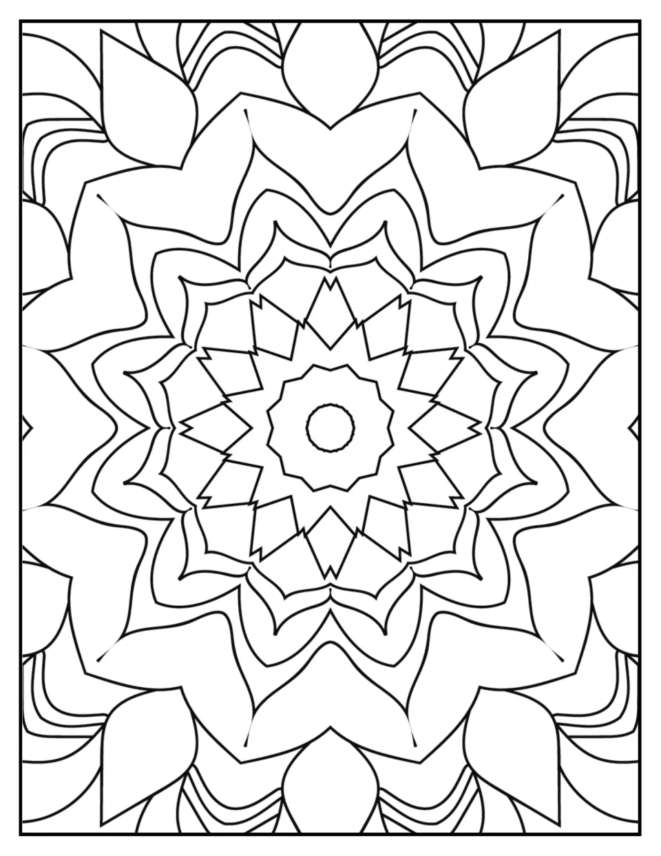 Mandala coloring sheet 10 for mindfulness: a small center circle, overlapping pointed stars, and broad petals