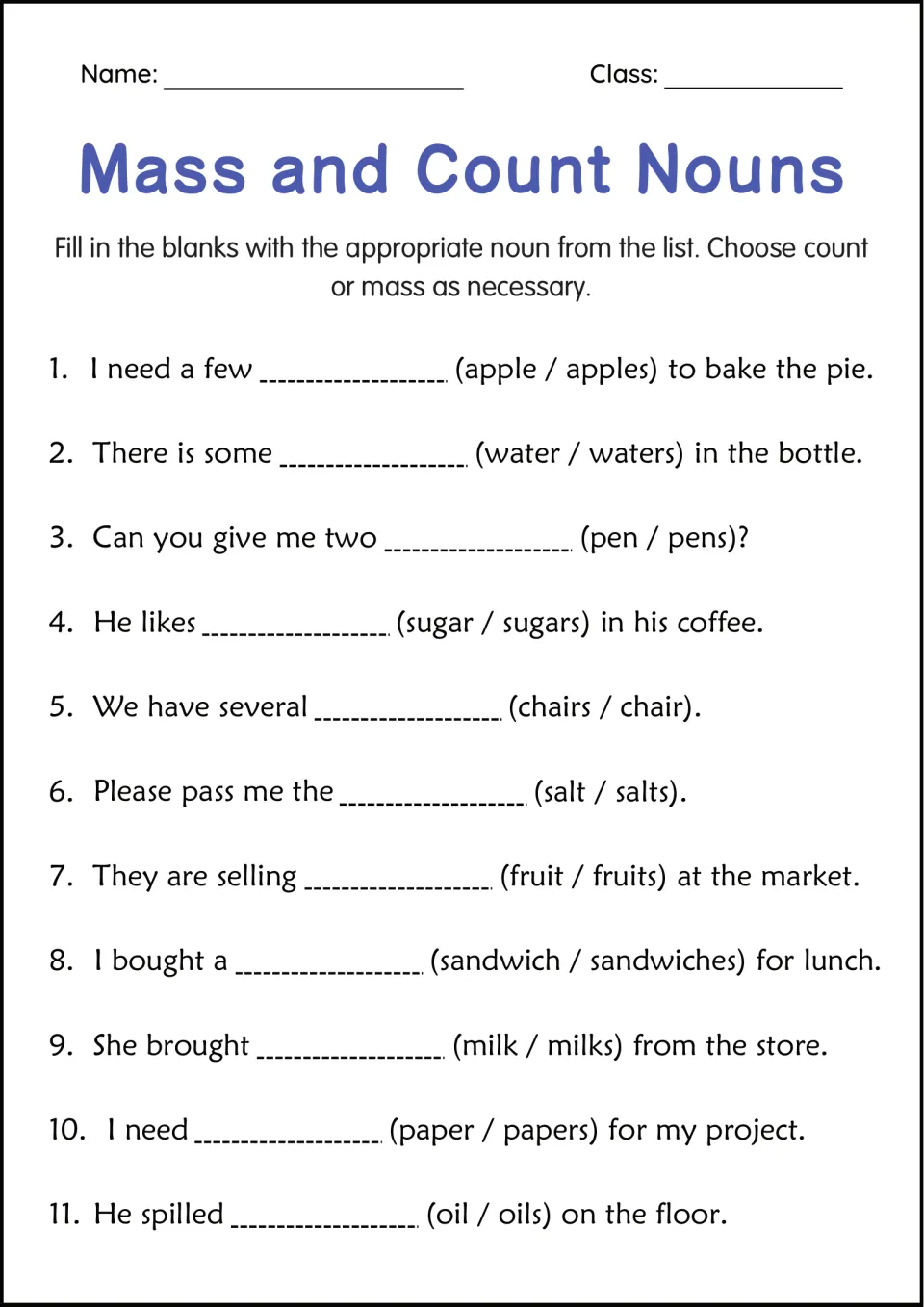 Mass and count nouns fill-in: students choose between forms like apple/apples and water/waters to complete 11 sentences