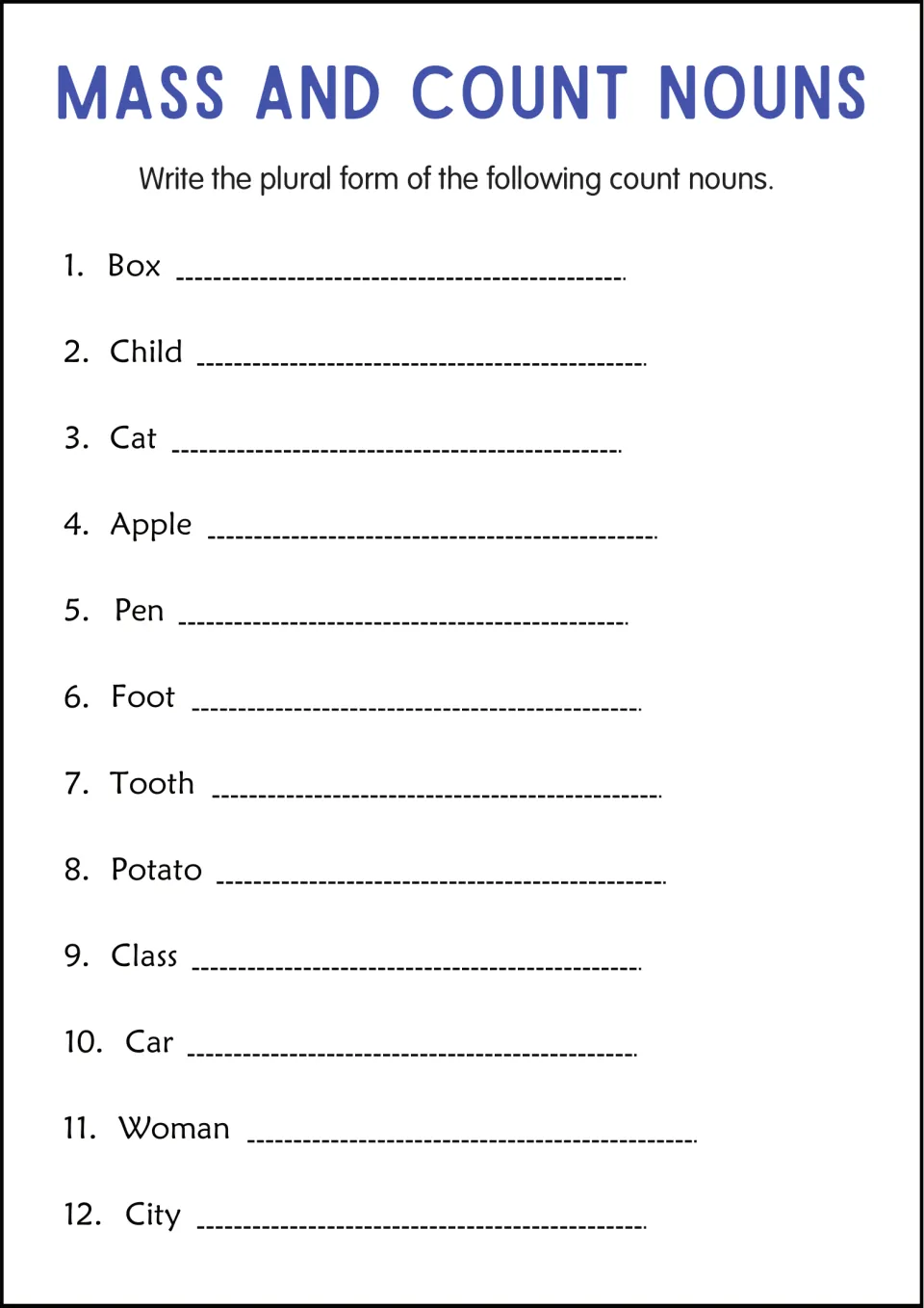 Plural forms of count nouns: students write plurals of 12 words, including child, foot, tooth, woman and potato