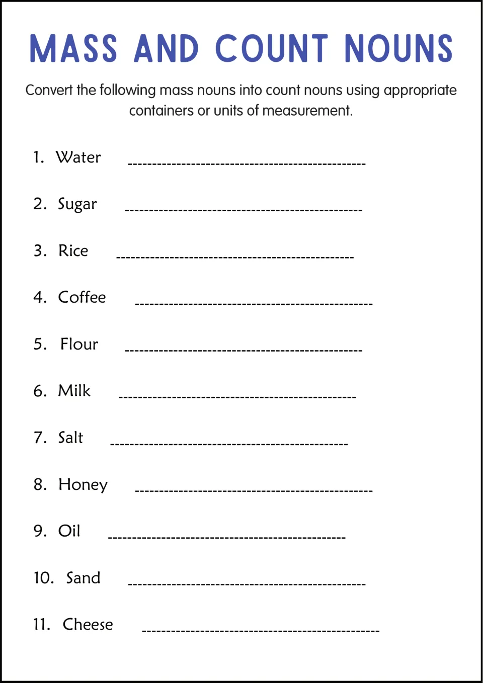 Converting mass nouns to count forms: students add a container or unit to 11 nouns like water, rice, honey and sand