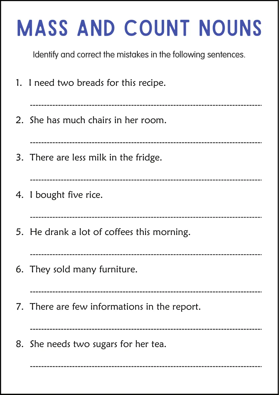 Correcting mass and count noun errors: students fix 8 sentences like "She has much chairs" and "They sold many furniture"