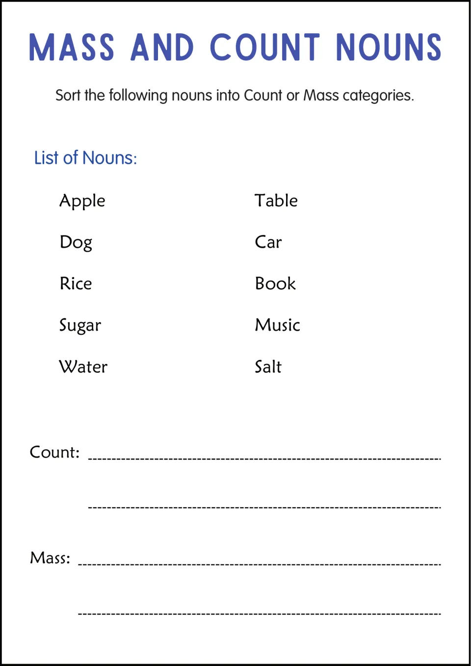Count or mass sort: students place 10 nouns such as apple, rice, music and salt under Count and Mass headings