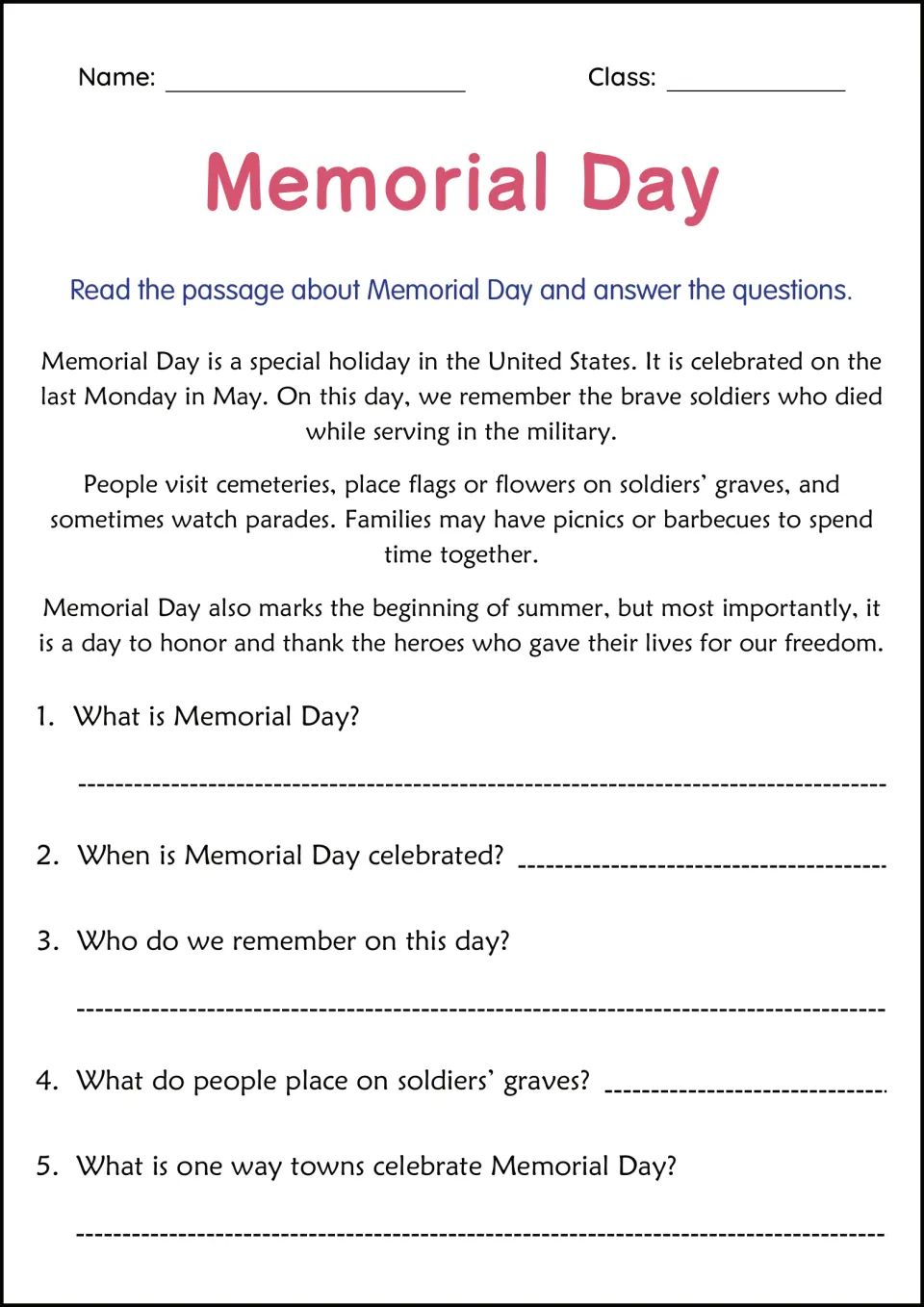 Memorial Day reading passage and five questions about the holiday's purpose, date, soldiers, and traditions