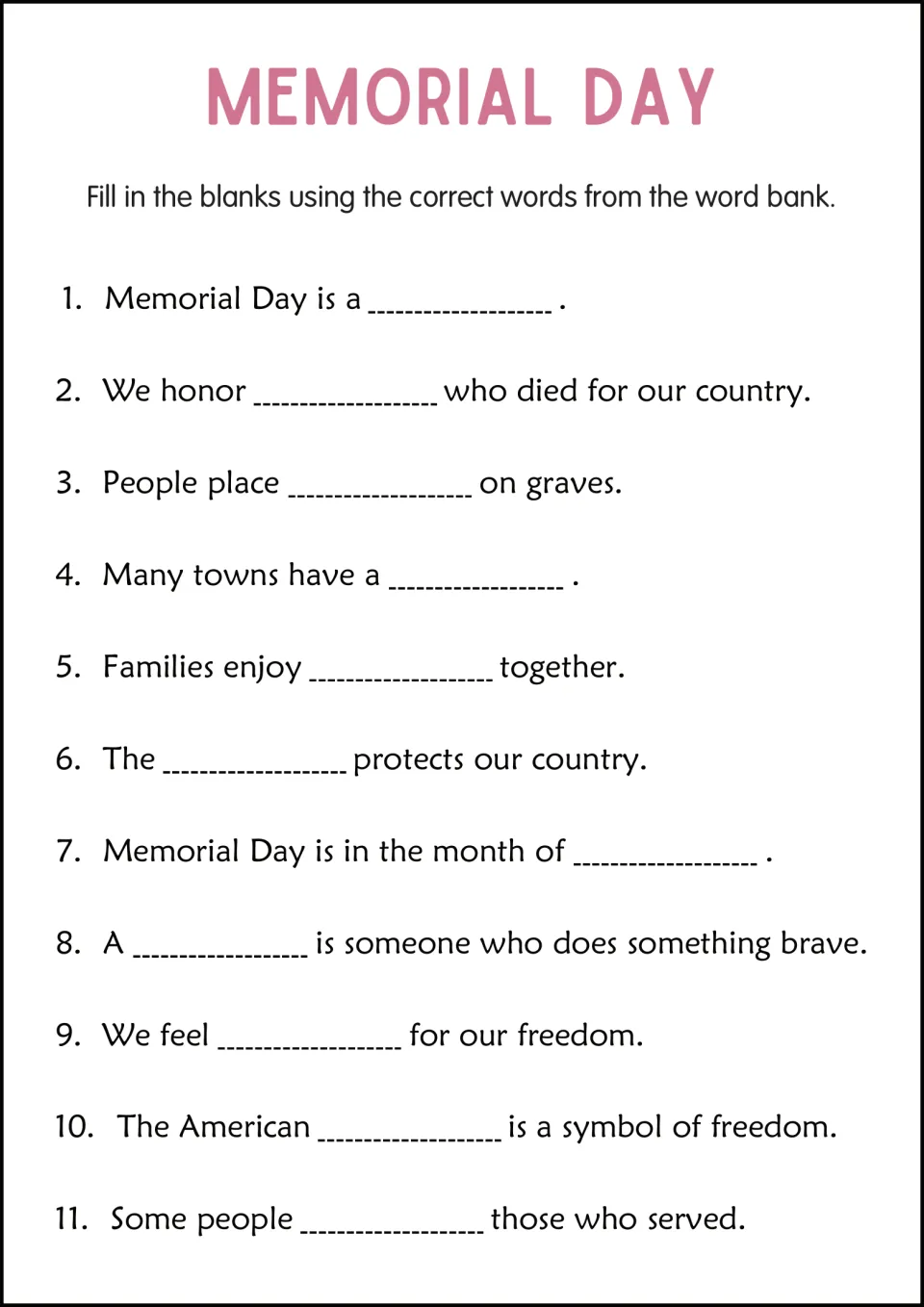 Memorial Day vocabulary practice: 11 fill-in-the-blank sentences about soldiers, graves, parades, and freedom