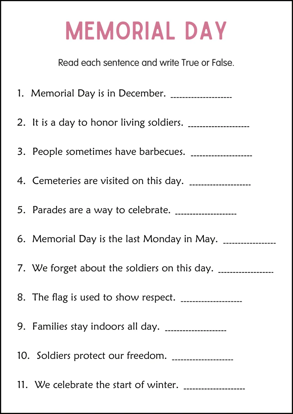 Memorial Day true-or-false practice: 11 statements about the holiday's date, remembrance, and traditions